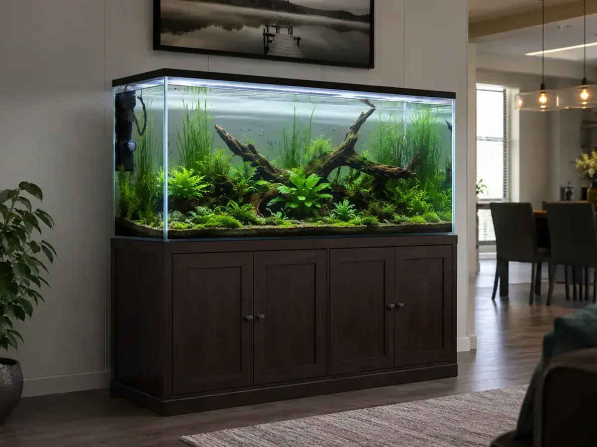 Sealed filtration bay beneath a load-rated custom aquarium stand